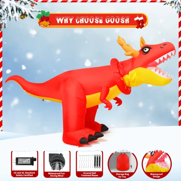 9.5FT Christmas Inflatable Dinosaur with Moving Head & LED Lights 🦖🎄 - Image 6