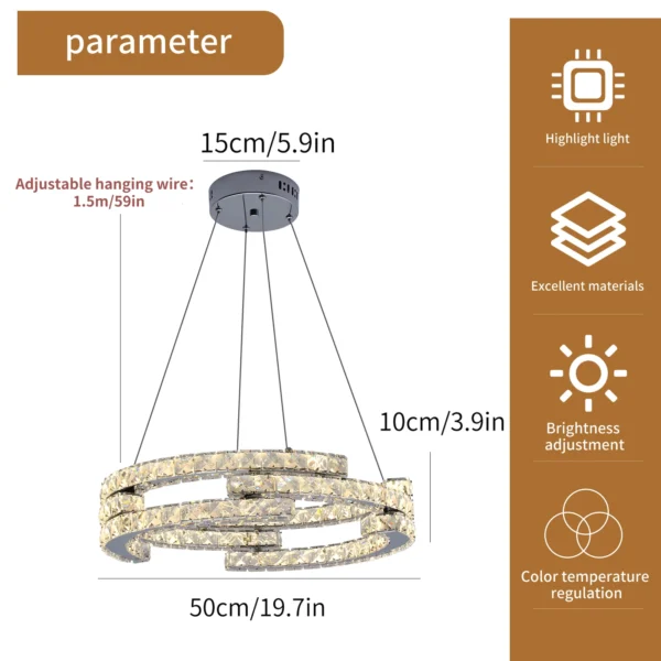 3-Ring Crystal Chandelier – Dimmable LED Pendant Light - Image 2