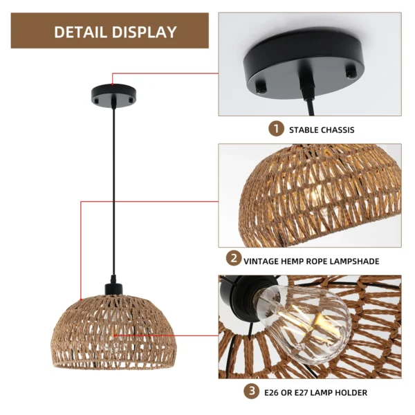 Garwarm Rattan Pendant Light – Rustic Farmhouse Rope Chandelier for Kitchen Island - Image 3