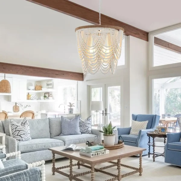 Boho Wood Beaded Farmhouse Chandelier – Large Coastal Pendant Light, UL Listed - Image 3