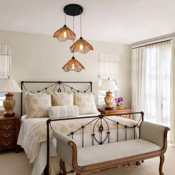 Boho Bamboo Rattan Pendant Light – 3-Light, Dimmable, Adjustable Height - Image 3