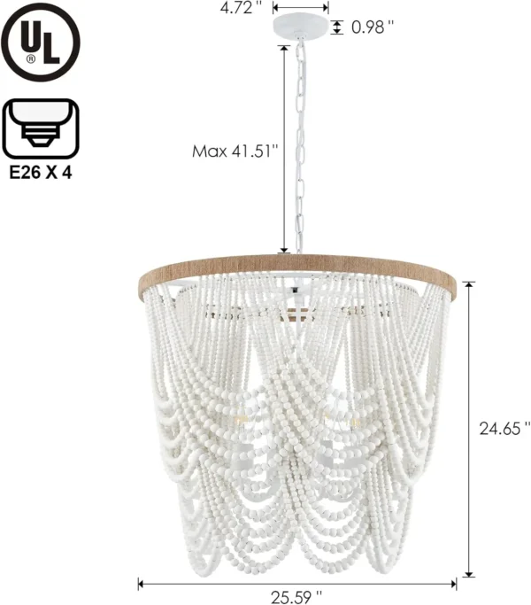 Boho Wood Beaded Farmhouse Chandelier – Large Coastal Pendant Light, UL Listed - Image 2