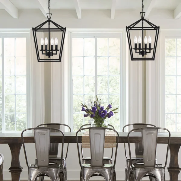 4-Light Farmhouse Lantern Chandelier – Black Rustic Pendant Light Fixture with Chain - Image 3