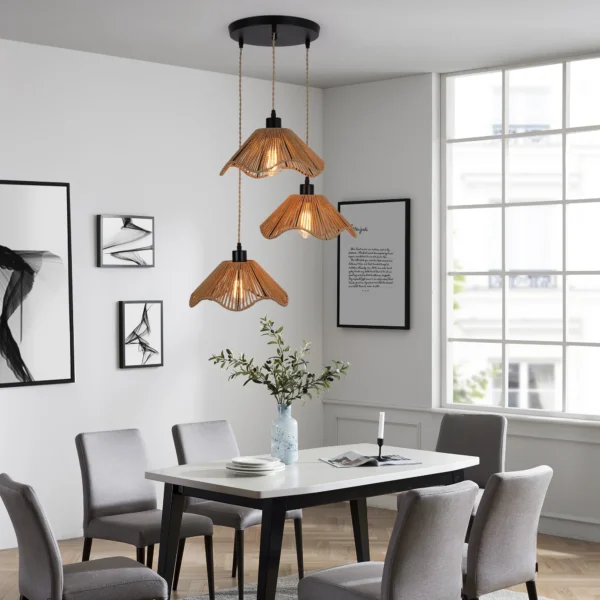 Boho Bamboo Rattan Pendant Light – 3-Light, Dimmable, Adjustable Height