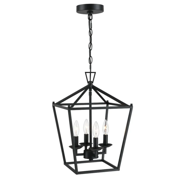 4-Light Farmhouse Lantern Chandelier – Black Rustic Pendant Light Fixture with Chain