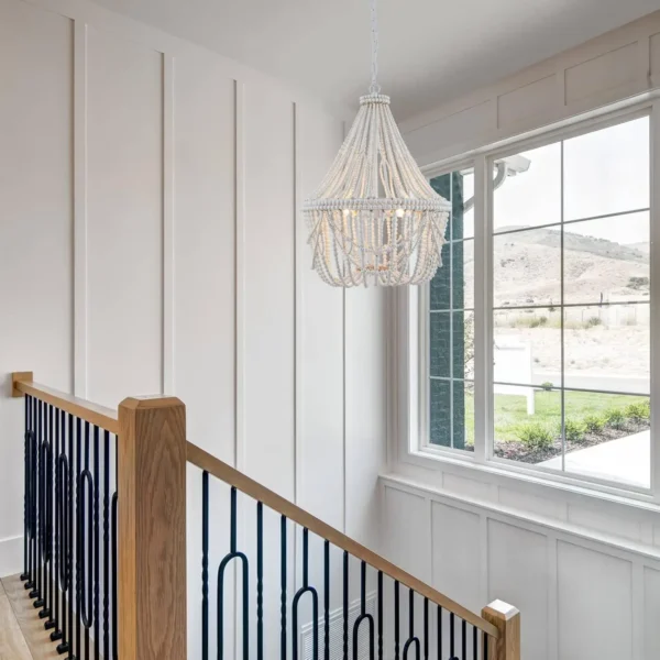 Boho Wood Beaded Chandelier – Farmhouse Pendant Light - Image 5