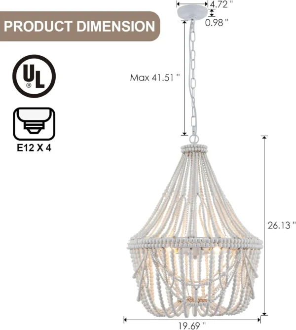 Boho Wood Beaded Chandelier – Farmhouse Pendant Light - Image 2