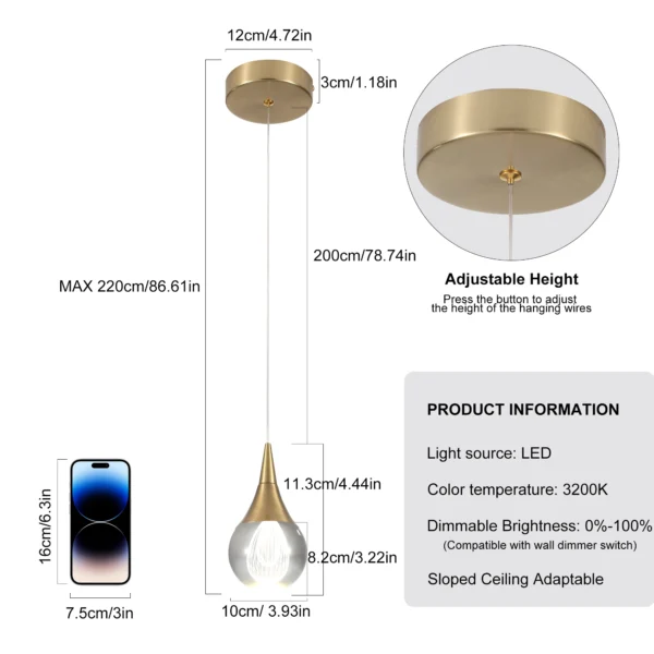 Brass LED Globe Pendant Light with Crystal Teardrop – Adjustable Modern Kitchen Light - Image 2