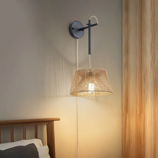 Rattan Wall Sconce, Boho Rustic Wall Lamp with Wooden Shade for Bedroom - Image 6