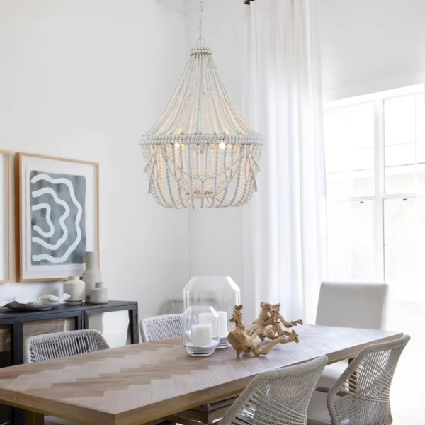 Boho Wood Beaded Chandelier – Farmhouse Pendant Light - Image 6