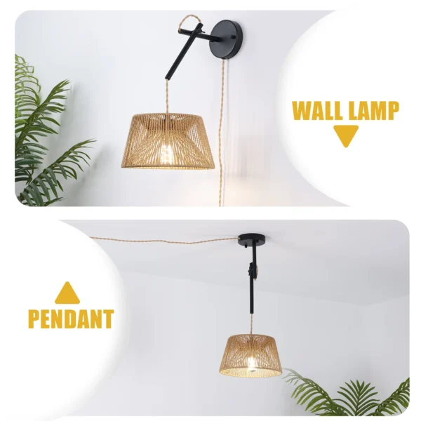 Rattan Wall Sconce, Boho Rustic Wall Lamp with Wooden Shade for Bedroom - Image 4