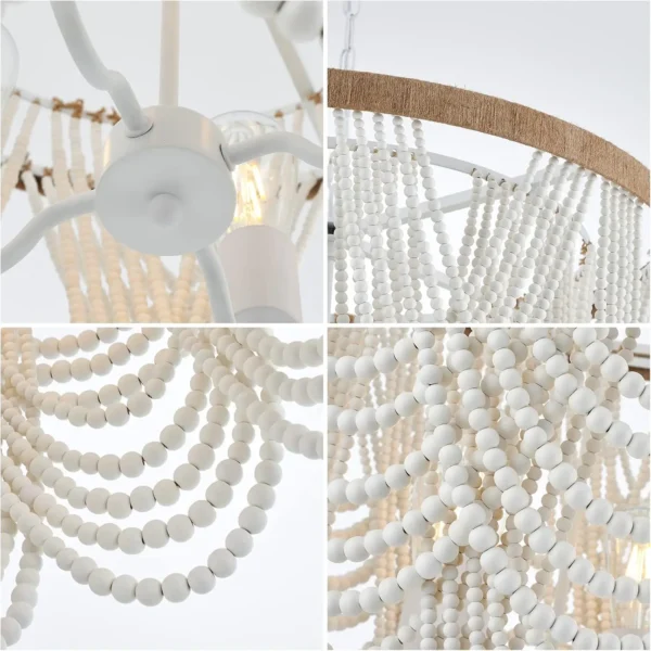 Boho Wood Beaded Farmhouse Chandelier – Large Coastal Pendant Light, UL Listed - Image 5