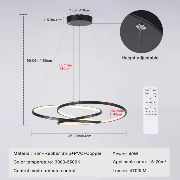 Modern Black LED Pendant Light, 40W Dimmable with Remote Control - Image 2
