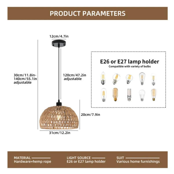 Garwarm Rattan Pendant Light – Rustic Farmhouse Rope Chandelier for Kitchen Island - Image 2