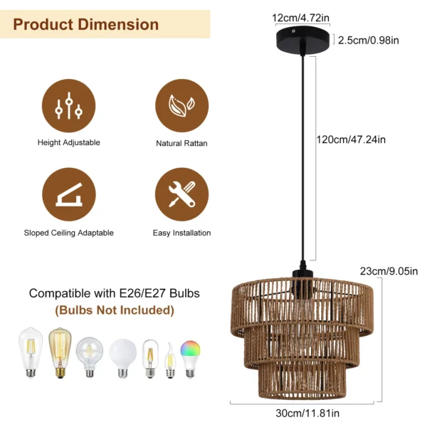 Rattan Boho Pendant Light, Rustic Farmhouse Hanging Lamp - Image 2