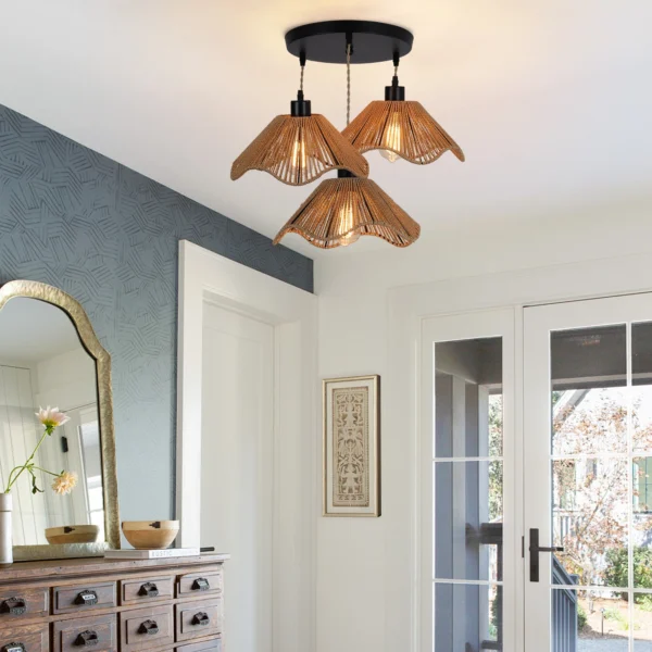 Boho Bamboo Rattan Pendant Light – 3-Light, Dimmable, Adjustable Height - Image 4