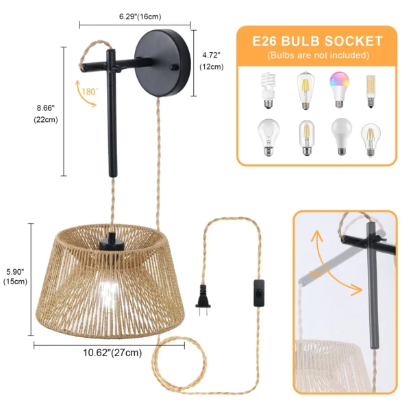 Rattan Wall Sconce, Boho Rustic Wall Lamp with Wooden Shade for Bedroom - Image 2