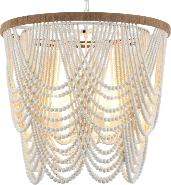 Boho Wood Beaded Farmhouse Chandelier – Large Coastal Pendant Light, UL Listed - Image 7