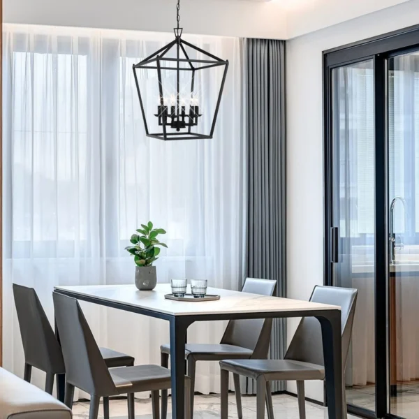 6-Light Black Farmhouse Pendant Chandelier, Modern Lantern Hanging Light Fixture - Image 4