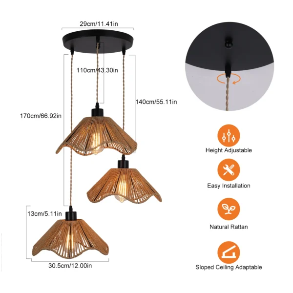 Boho Bamboo Rattan Pendant Light – 3-Light, Dimmable, Adjustable Height - Image 2
