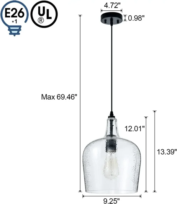 Seeded Glass Pendant Light – Modern Black Dome Fixture - Image 2