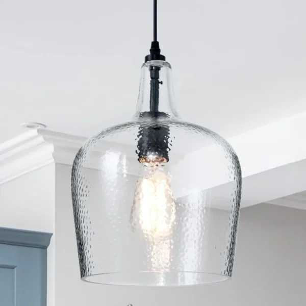 Seeded Glass Pendant Light – Modern Black Dome Fixture