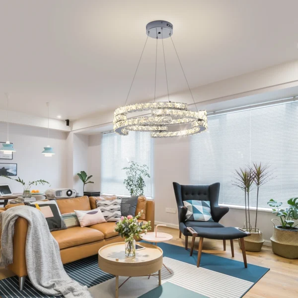 3-Ring Crystal Chandelier – Dimmable LED Pendant Light - Image 6