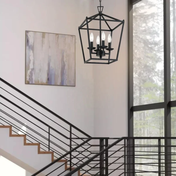4-Light Farmhouse Lantern Chandelier – Black Rustic Pendant Light Fixture with Chain - Image 4