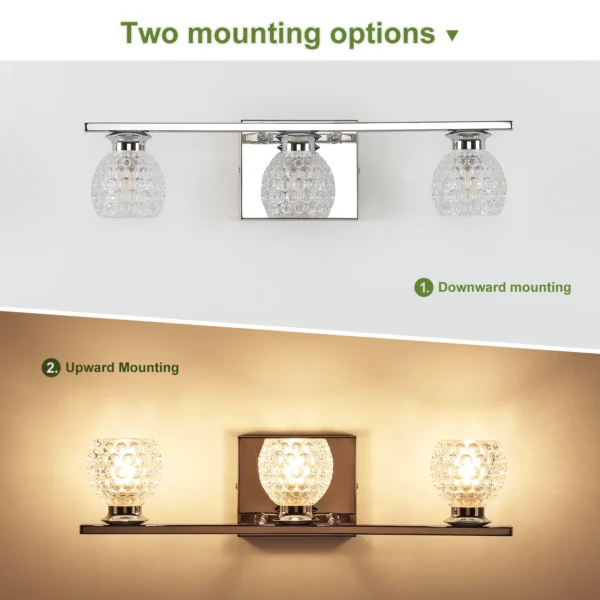 3-Light Chrome Bathroom Vanity Light – Dimmable Mirror Fixture with Glass Shades - Image 10