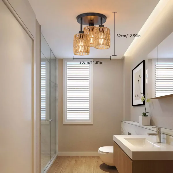 Modern Farmhouse Rattan Ceiling Lamp – 3-Light Semi Flush Mount - Image 2