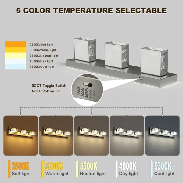 3-Light LED Dimmable Bathroom Vanity Light, 350° Swivel Crystal & Acrylic Fixtur - Image 3