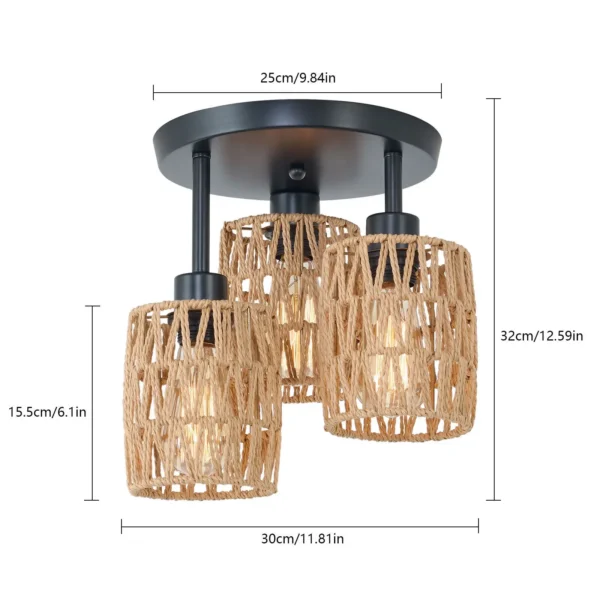 Modern Farmhouse Rattan Ceiling Lamp – 3-Light Semi Flush Mount - Image 3