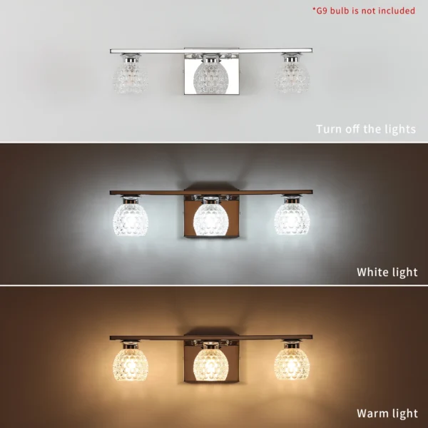 3-Light Chrome Bathroom Vanity Light – Dimmable Mirror Fixture with Glass Shades - Image 5