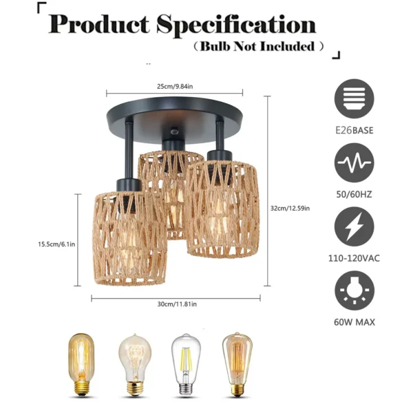 Modern Farmhouse Rattan Ceiling Lamp – 3-Light Semi Flush Mount - Image 5