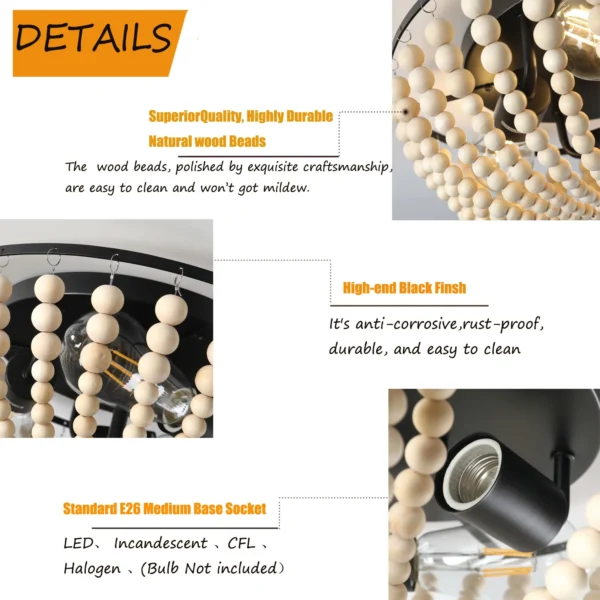 Boho 3-Light Flush Mount Ceiling Light with Wood Beads, 15" Kitchen Ceiling Fixture - Image 11