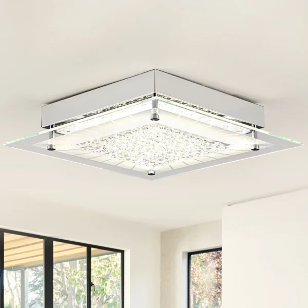 Flush Mount Crystal Ceiling Light, Square Dimmable Fixture for Hallway