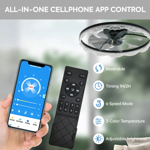 Modern LED Ceiling Fan with Crystal Edge – Remote & APP Control - Image 10