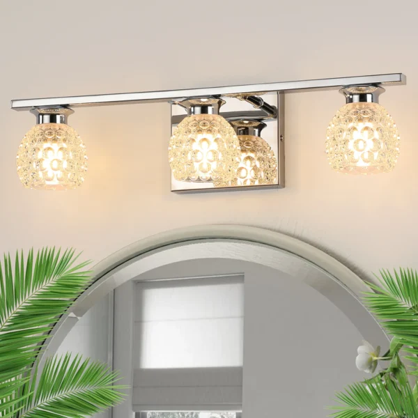3-Light Chrome Bathroom Vanity Light – Dimmable Mirror Fixture with Glass Shades