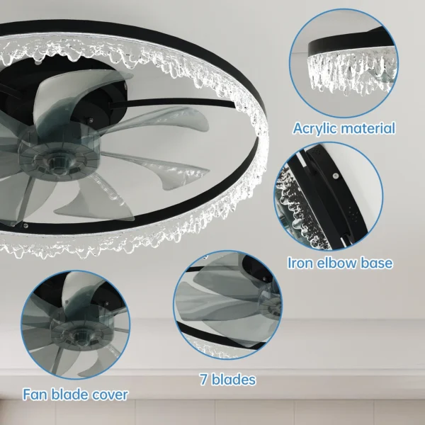 24'' Black Smart Ceiling Fan with Light – Silent Flush Mount LED Chandelier - Image 6