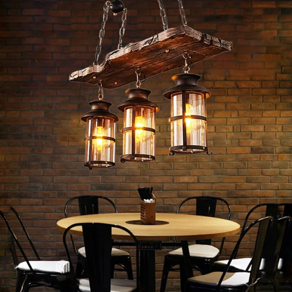 Rustic 3-Light Farmhouse Chandelier, Vintage Wood Pendant Ceiling Lamp for Kitchen - Image 2