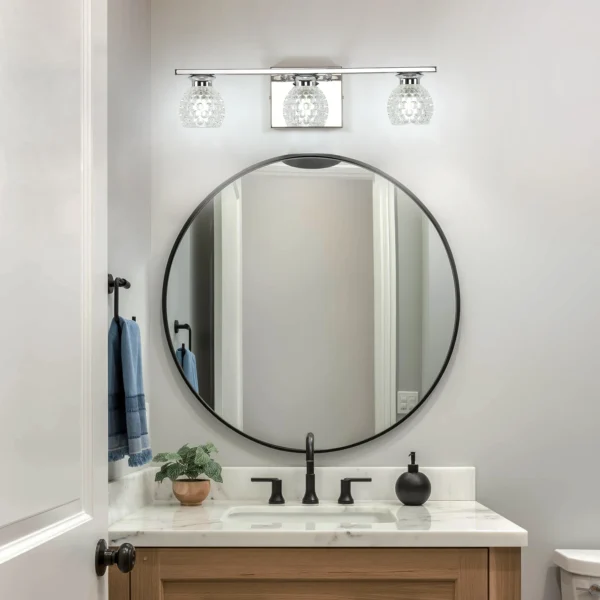3-Light Chrome Bathroom Vanity Light – Dimmable Mirror Fixture with Glass Shades - Image 8