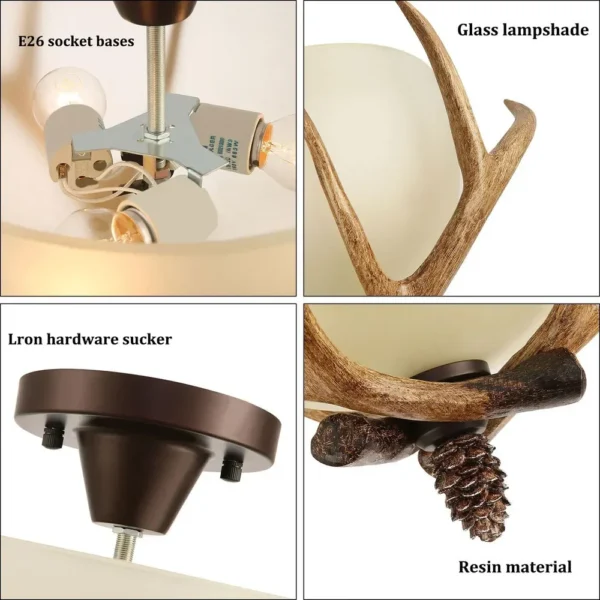 Bymaocar Antler Semi Flush Mount Ceiling Light with 3 Glass Shades – Bronze Finish - Image 9