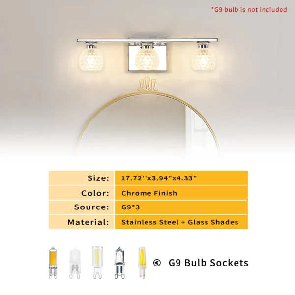 3-Light Chrome Bathroom Vanity Light – Dimmable Mirror Fixture with Glass Shades - Image 3