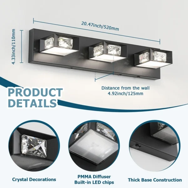3-Light LED Dimmable Bathroom Vanity Light, 350° Swivel Crystal & Acrylic Fixtur - Image 16