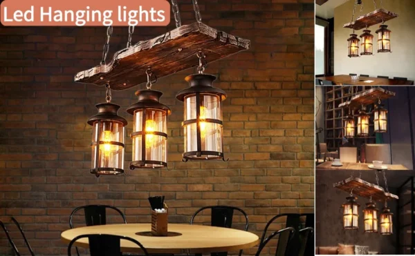 Rustic 3-Light Farmhouse Chandelier, Vintage Wood Pendant Ceiling Lamp for Kitchen - Image 7