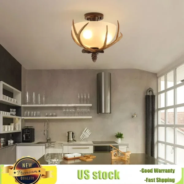 Bymaocar Antler Semi Flush Mount Ceiling Light with 3 Glass Shades – Bronze Finish