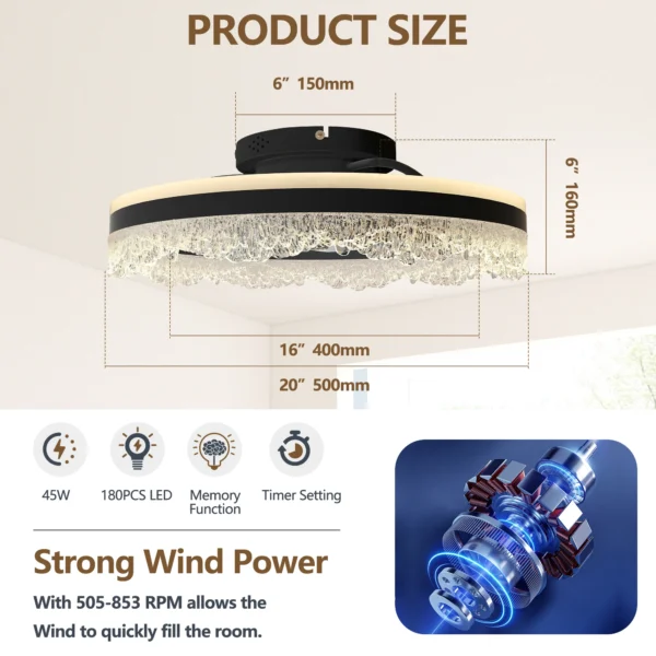 Modern LED Ceiling Fan with Crystal Edge – Remote & APP Control - Image 8