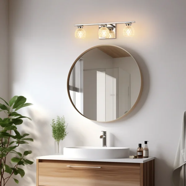 3-Light Chrome Bathroom Vanity Light – Dimmable Mirror Fixture with Glass Shades - Image 9