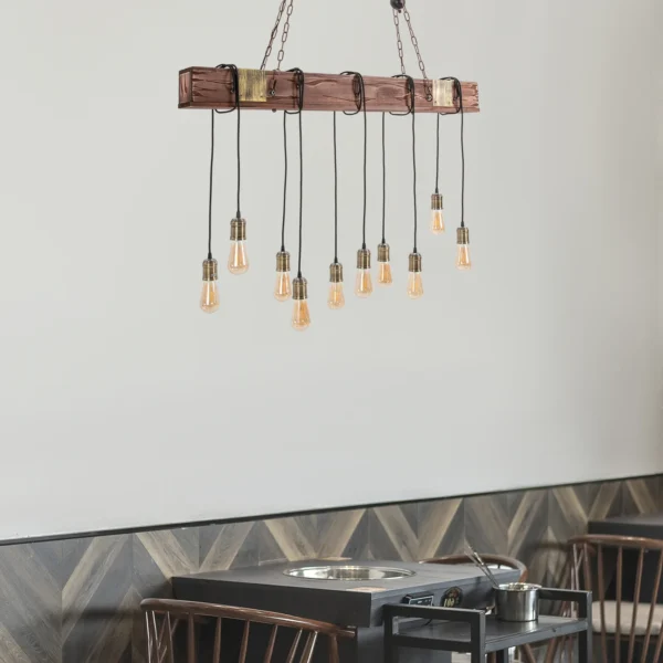 10-Light Rustic Wood Pendant Chandelier – Industrial Farmhouse Ceiling Fixture - Image 3