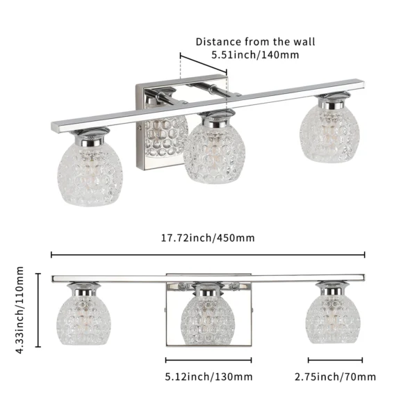 3-Light Chrome Bathroom Vanity Light – Dimmable Mirror Fixture with Glass Shades - Image 2
